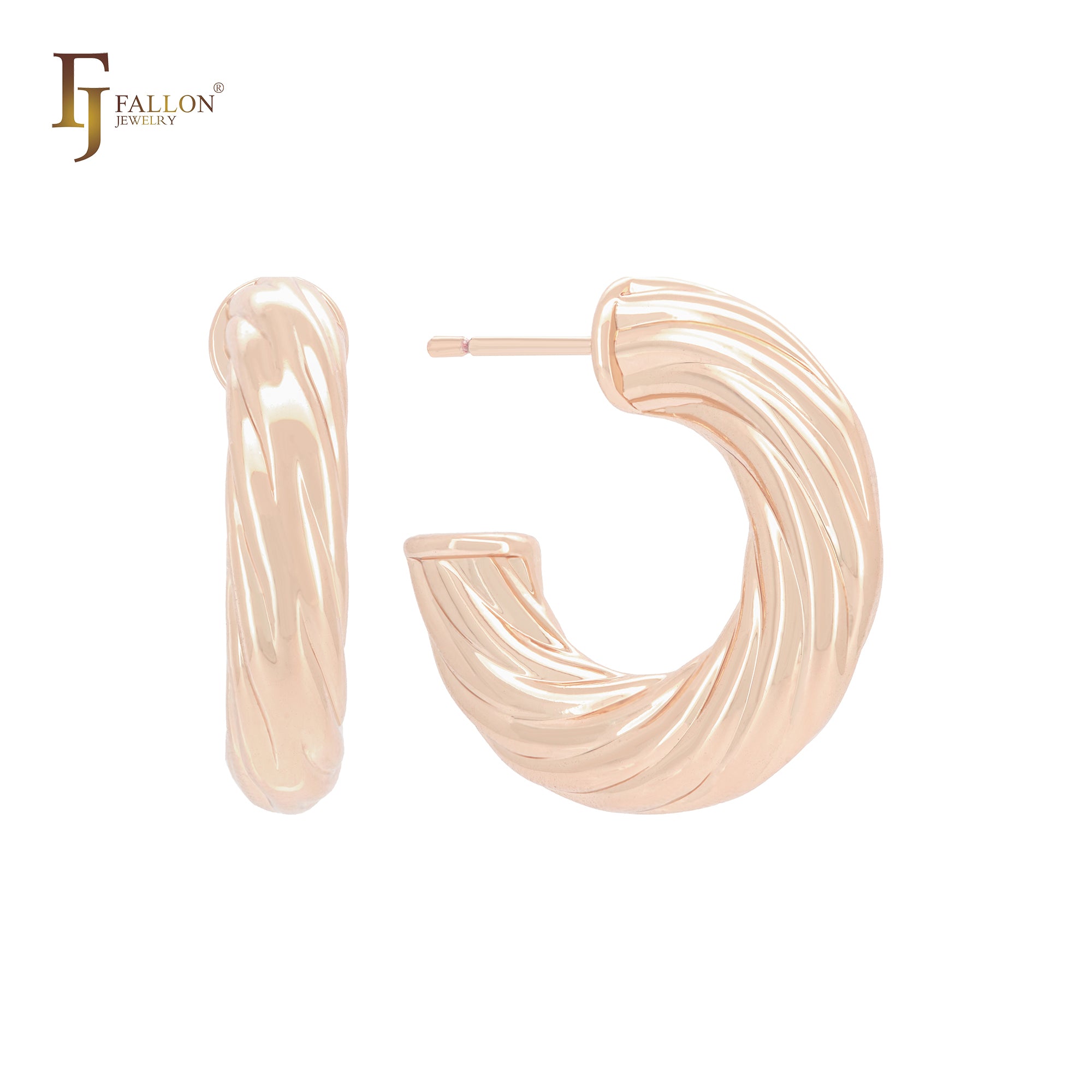 Spinning twisted rope shape textured C Hoop 14K Gold, Rose Gold, White Gold Stud Earrings