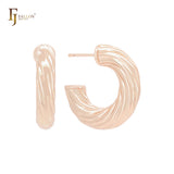 Spinning twisted rope shape textured C Hoop 14K Gold, Rose Gold, White Gold Stud Earrings