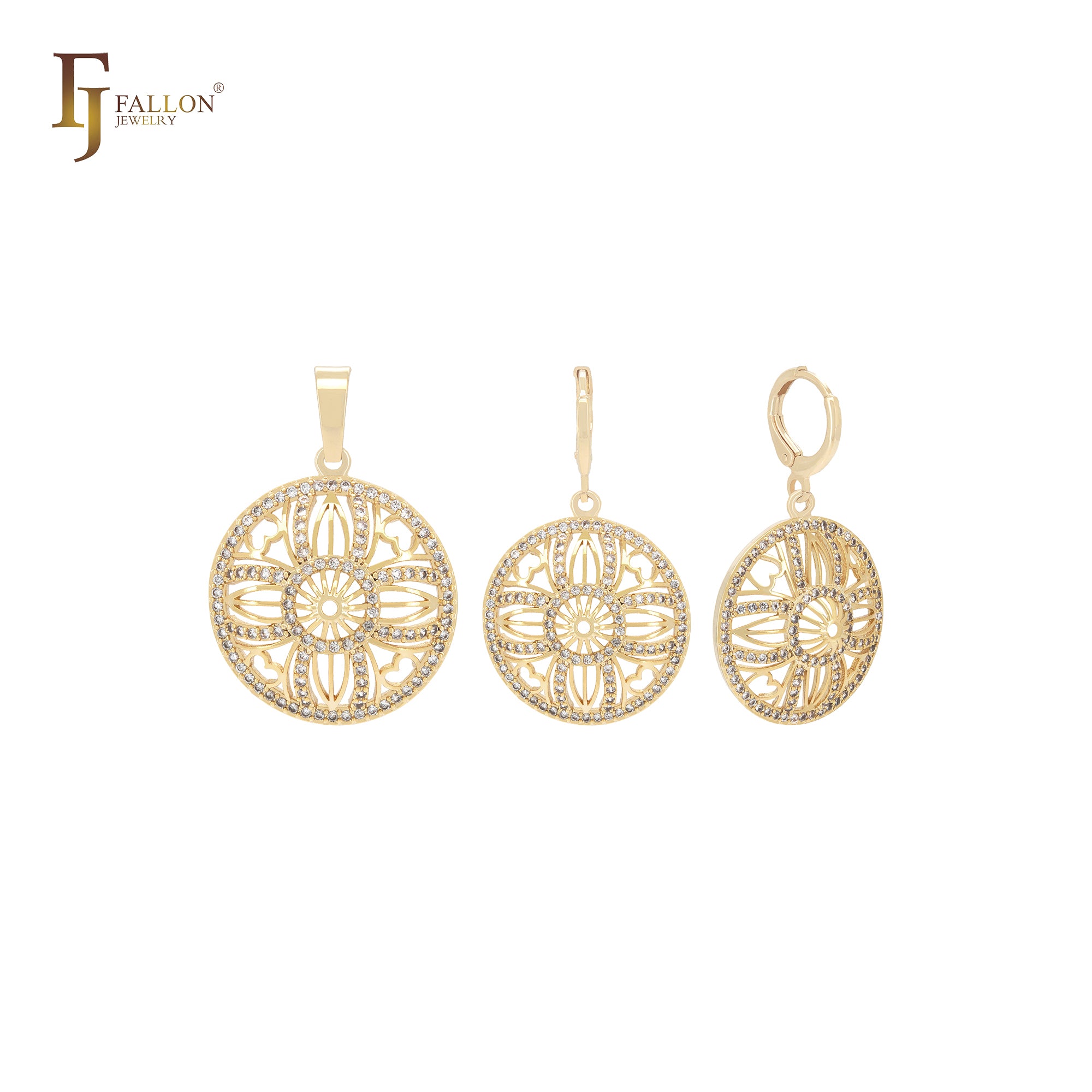 Rounded circle of filigree and white CZs 14K Gold Jewelry Set with Pendant