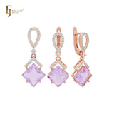 Dangling rhombus shape lake blue CZ with white CZs band Rose Gold Jewelry Set with Pendant