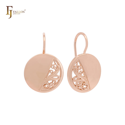 Half filigree rounded disc Rose Gold Wire Hook Earrings