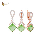 Dangling rhombus shape lake blue CZ with white CZs band Rose Gold Jewelry Set with Pendant