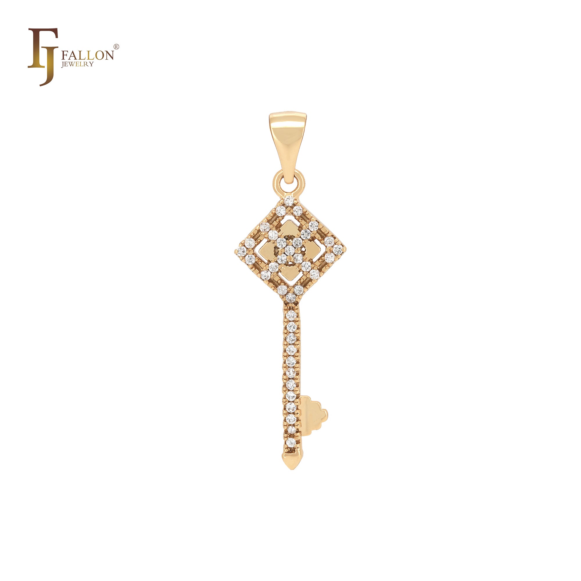 Cluster rhombus white CZs 14K Gold Key Pendant