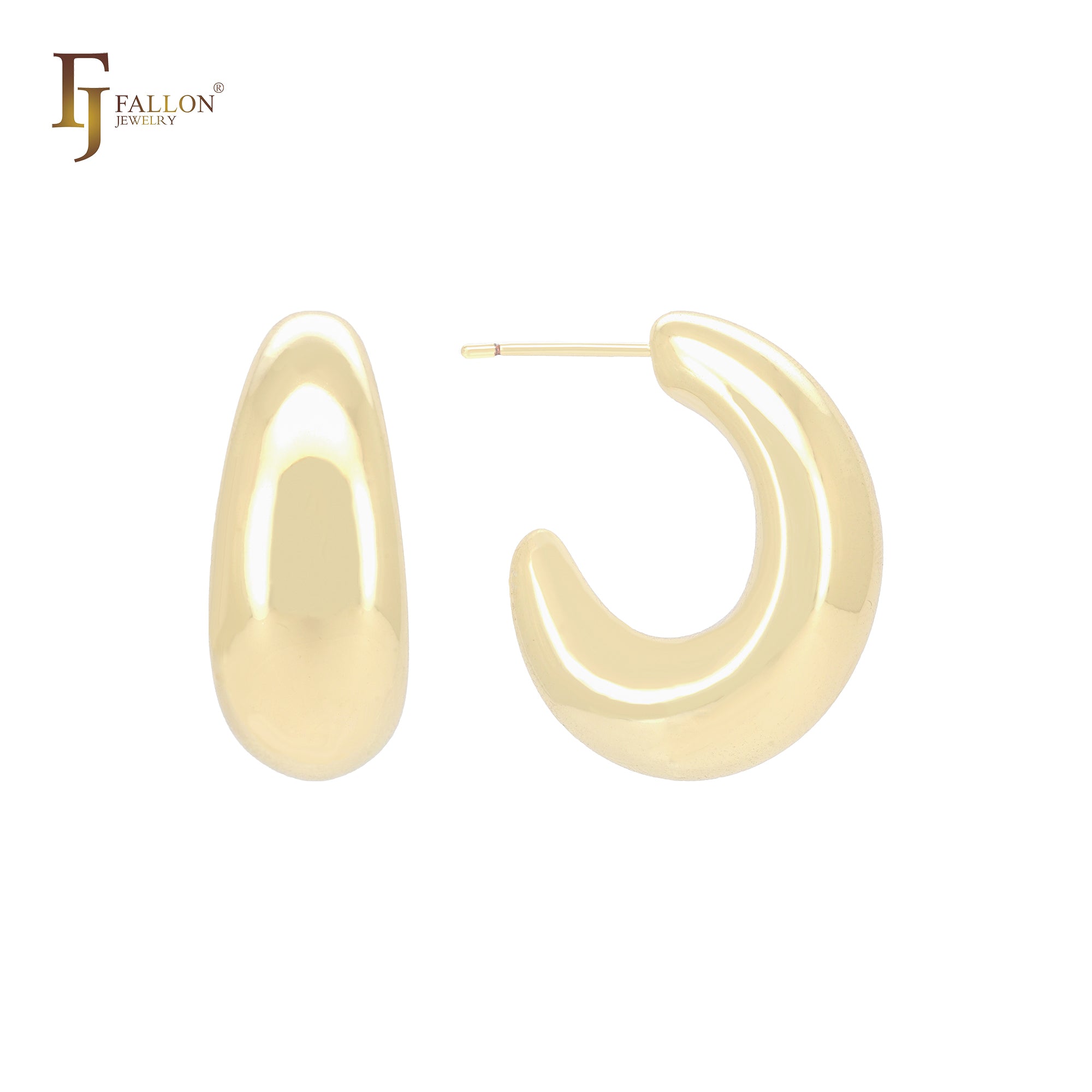 Glossy oval curved C Hoop 14K Gold, Rose Gold, White Gold Stud Earrings