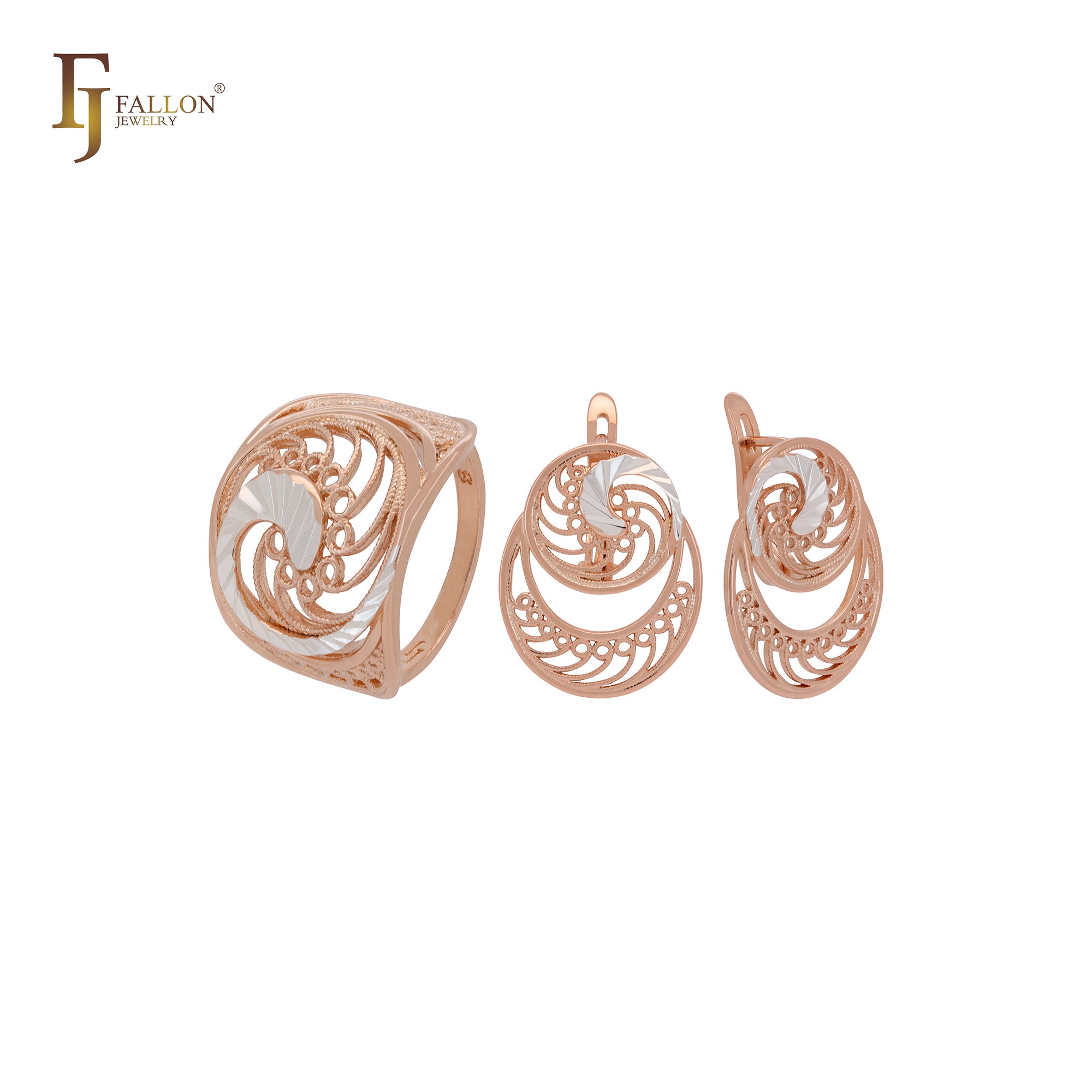 Wide grand wavy filigree Rose Gold two tone Jewelry Set with Rings