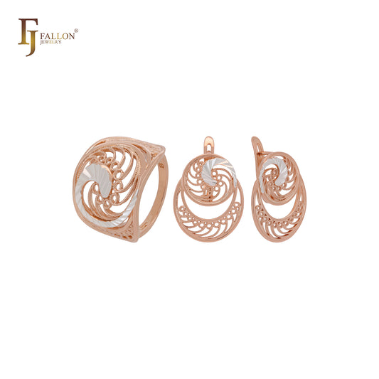 Wide grand wavy filigree Rose Gold two tone Jewelry Set with Rings