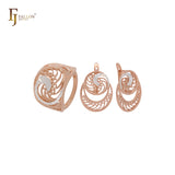 Wide grand wavy filigree Rose Gold two tone Jewelry Set with Rings