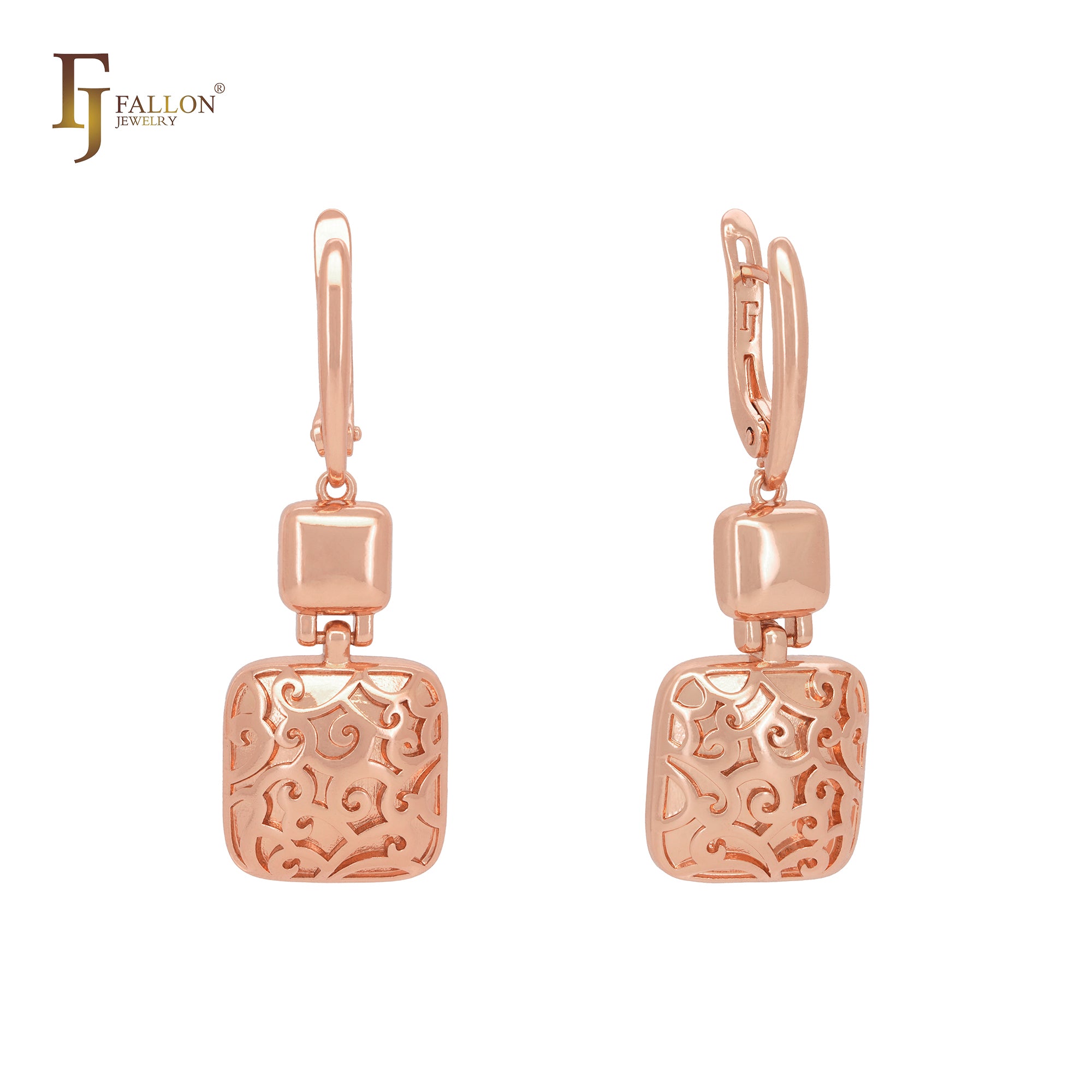 Filigree lock interlocking locks drop Rose Gold Clip-On Earrings