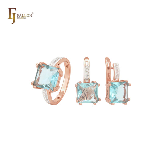 Squared White or blue CZ with paved white CZs band Rose Gold Jewelry Set with Rings