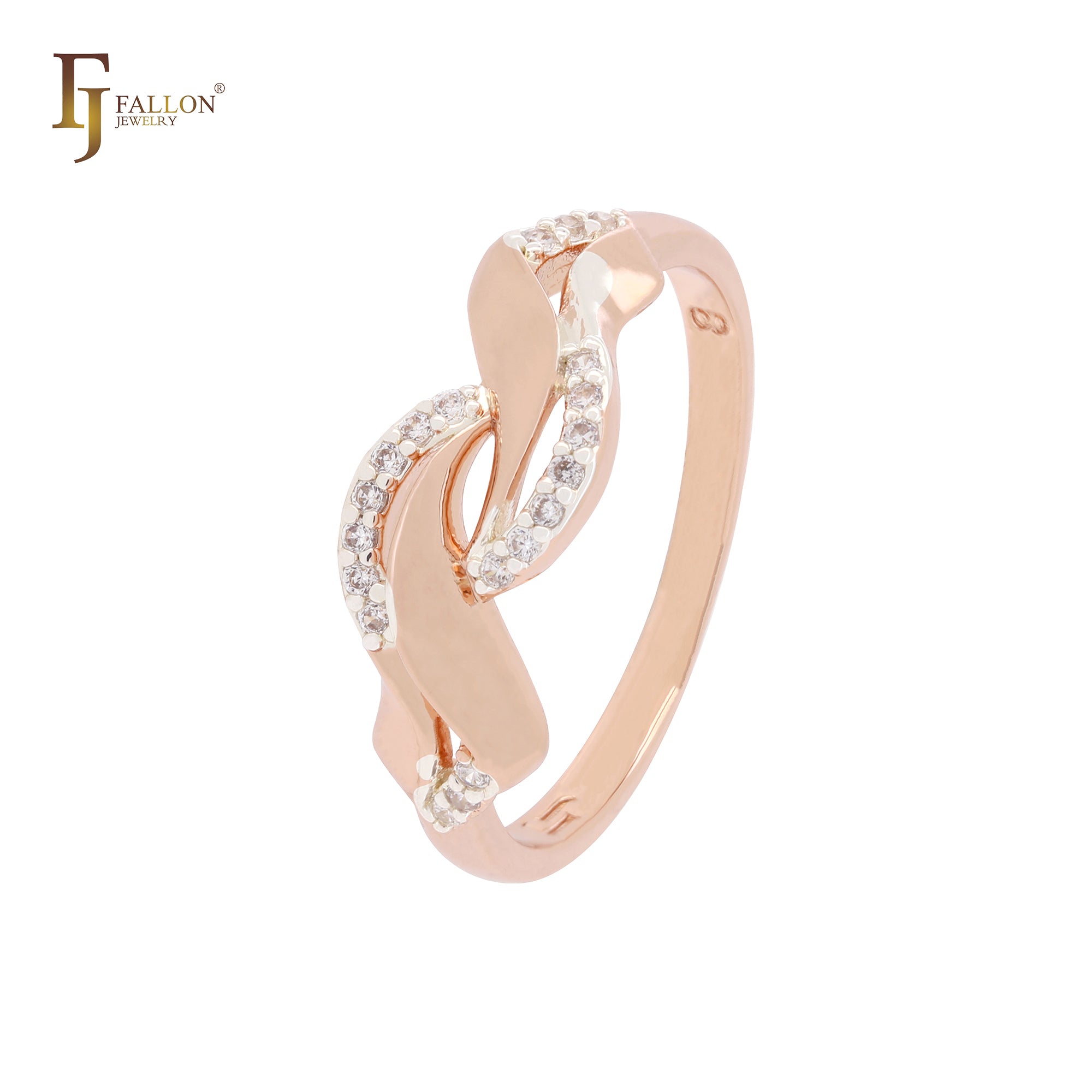 Embraced twisted ribbons of white CZs Rose Gold two tone Fashion Rings