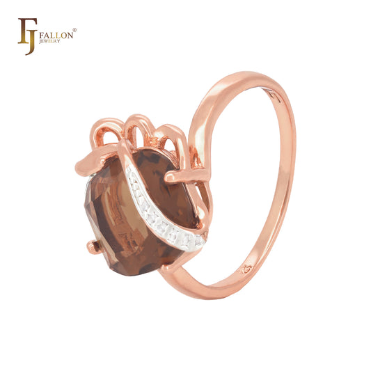 Elegant flower embracing cushion cut big solitaire CZ coffee Rose Gold Fashion Rings