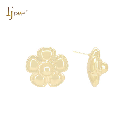 Rounded five petals flower 14K Gold, Rose Gold, White Gold Stud Earrings