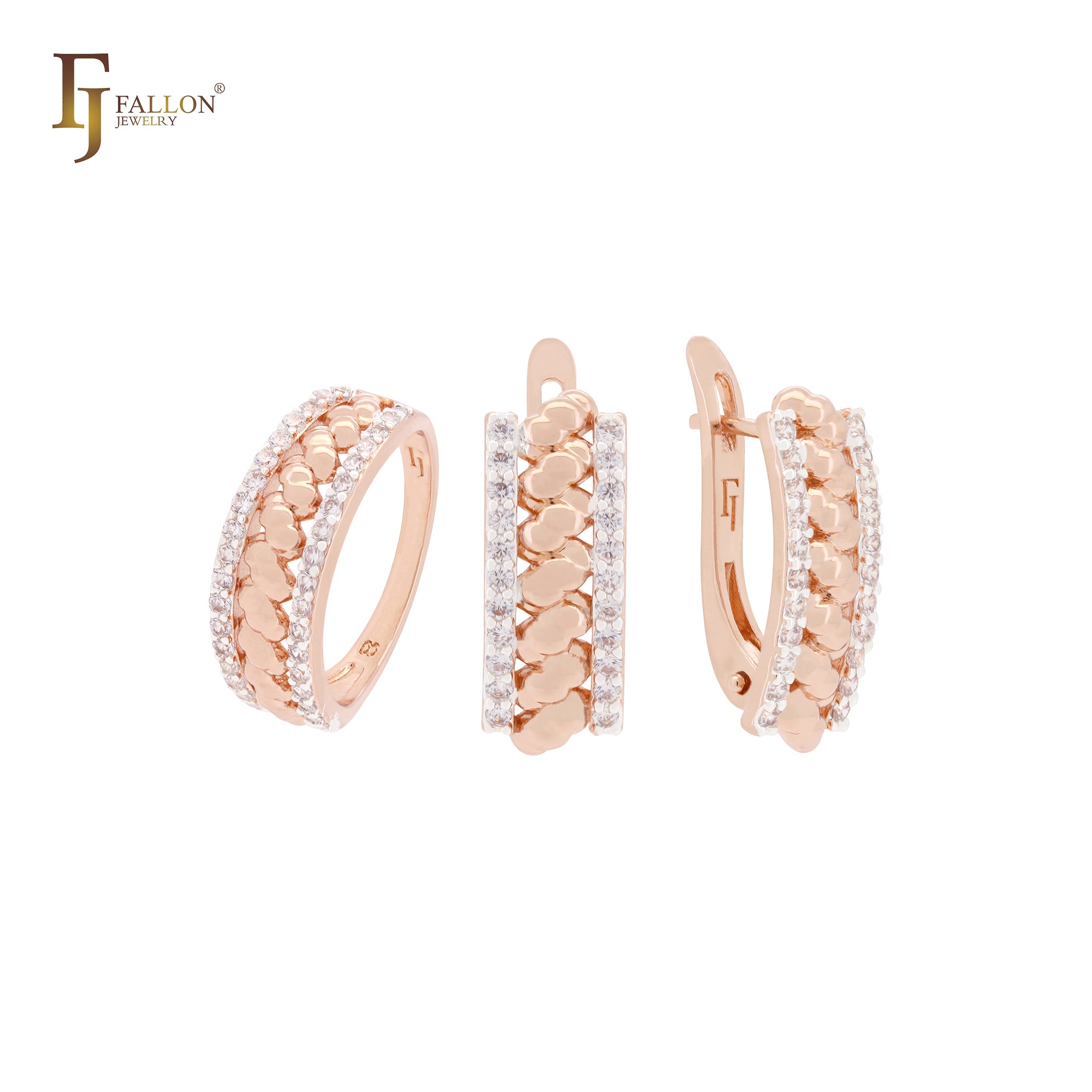 Tensioned peanuts geometric white CZs Rose Gold two tone Jewelry Set with Rings