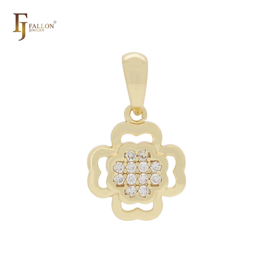 Petit tiny Clover shape white CZs cluster 14K Gold Pendant