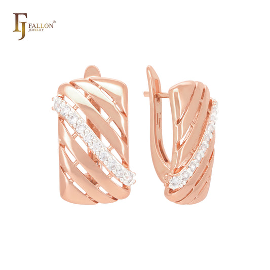 Meshy window with white CZs Rose Gold two tone Clip-On Earrings