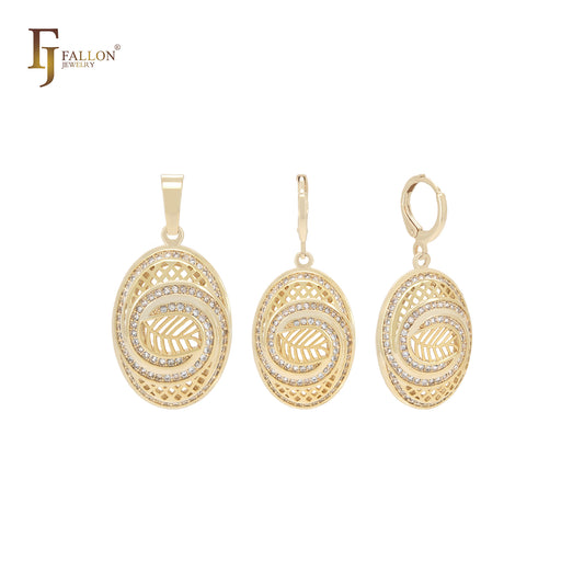 Oval double filigree white CZs 14K Gold Jewelry Set with Pendant