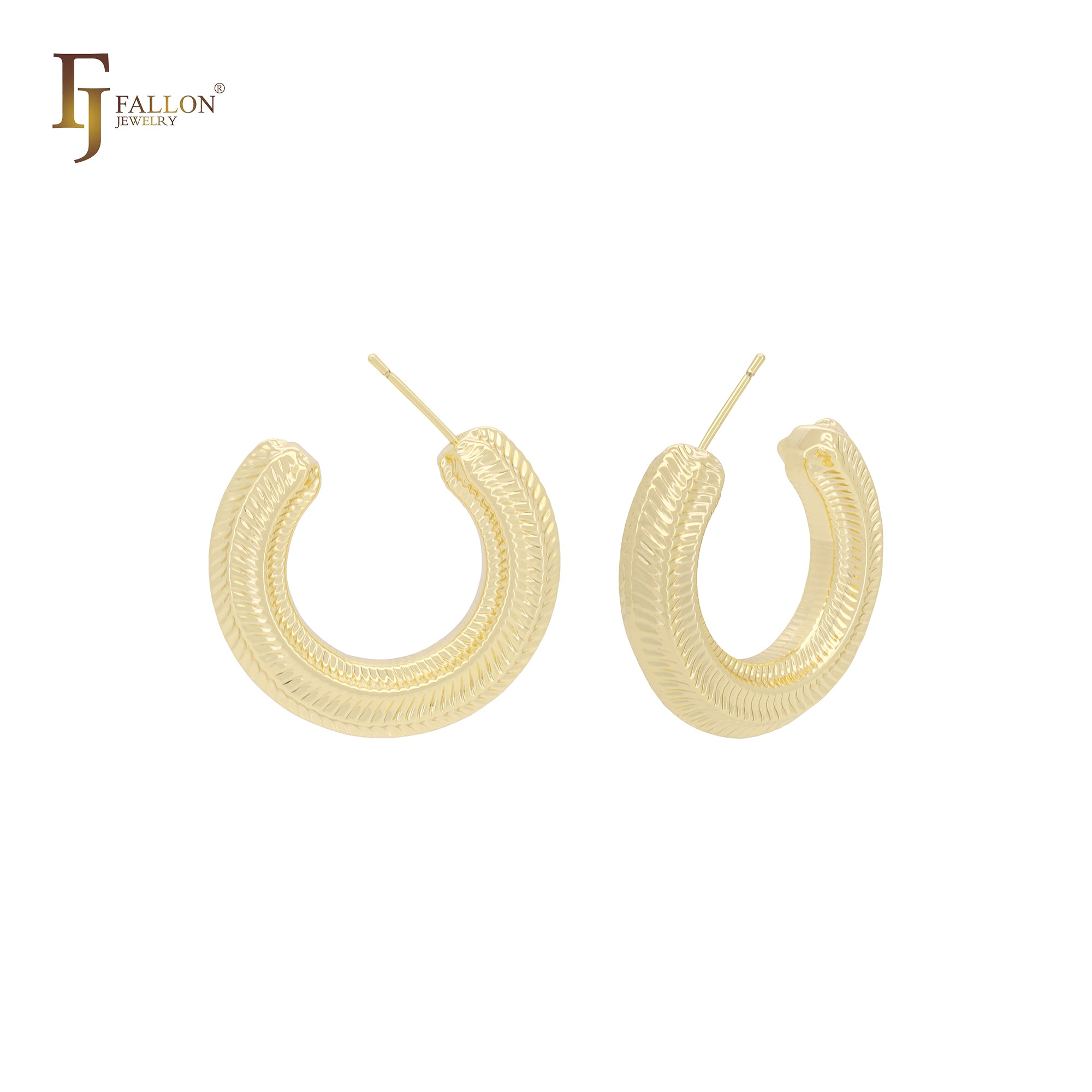 Snake spine textured C hoop 14K Gold, Rose Gold, White Gold Stud Earrings