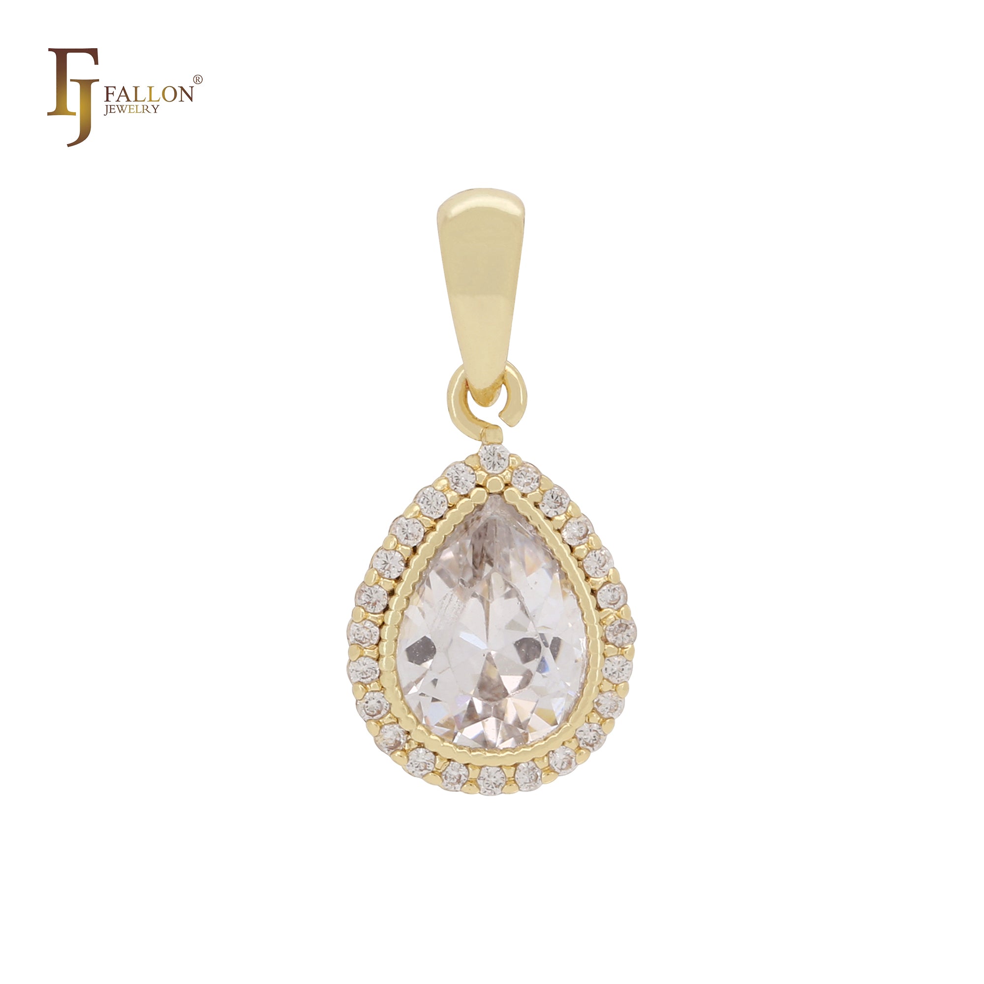 Halo pear shape teardrop white CZ 14K Gold Solitaire Pendant