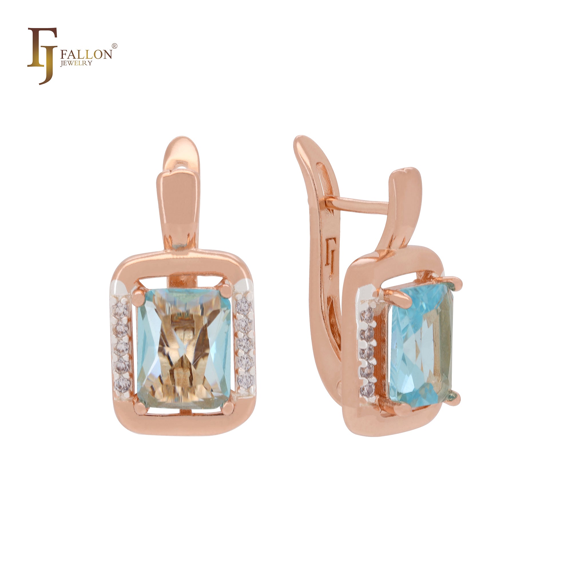 Squared emerald cut lake blue CZ halo Rose Gold Clip-On Earrings