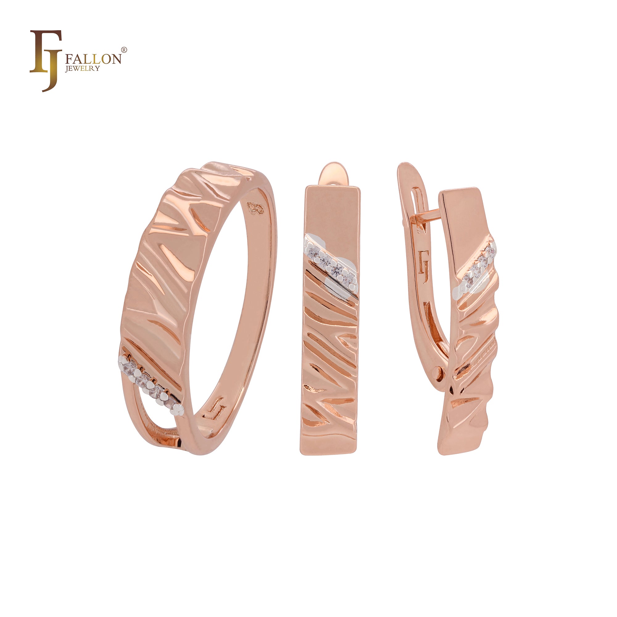 Enlongated ripple textured Rose Gold two tone Jewelry Set with Rings