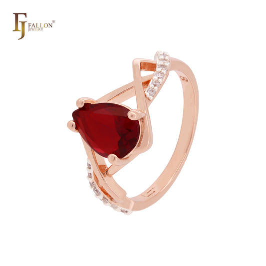 Crossing clawed pear shape scarlet CZ Rose Gold two tone Fashion Rings