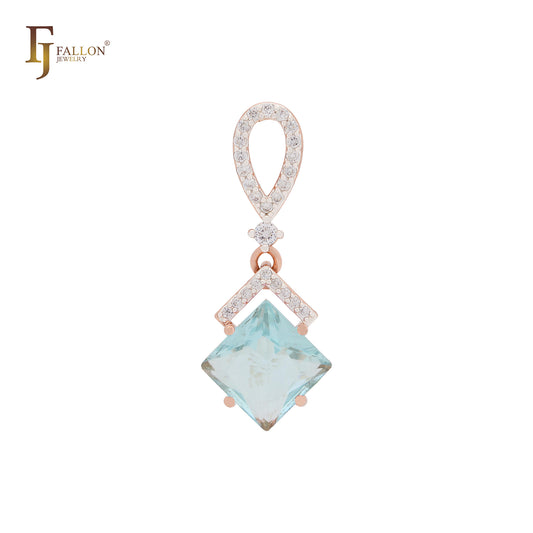 Dangling rhombus shape lake blue CZ with white CZs band Rose Gold pendant