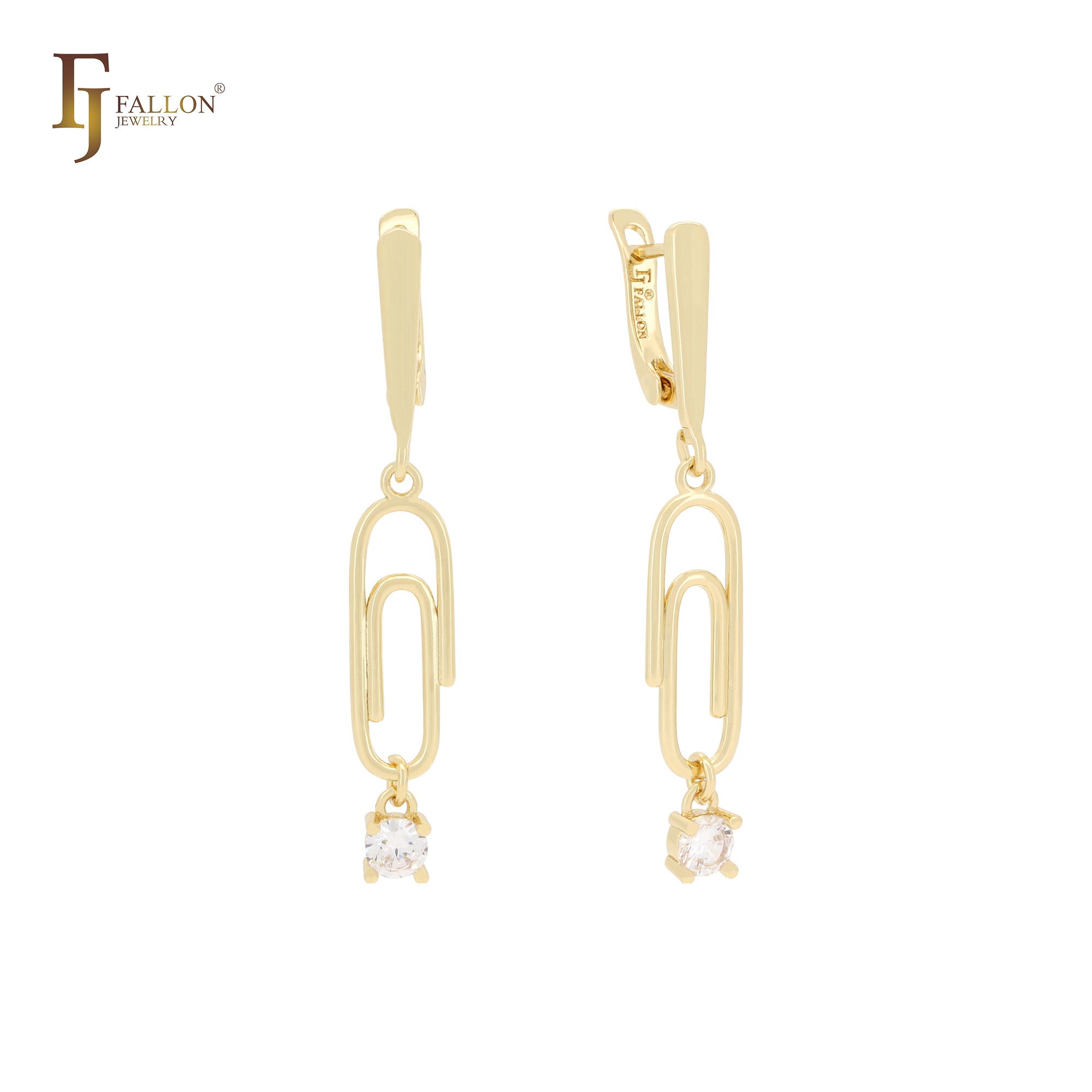 Paperclip dangling solitaire white CZ 14K Gold, Rose Gold, White Gold Clip-On Earrings