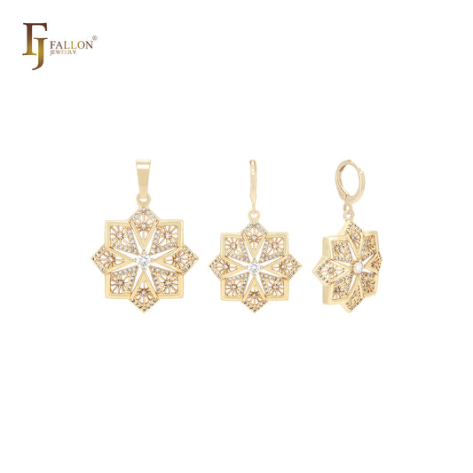 Octagon double layers snowflake filigree 14K Gold Jewelry Set with Pendant