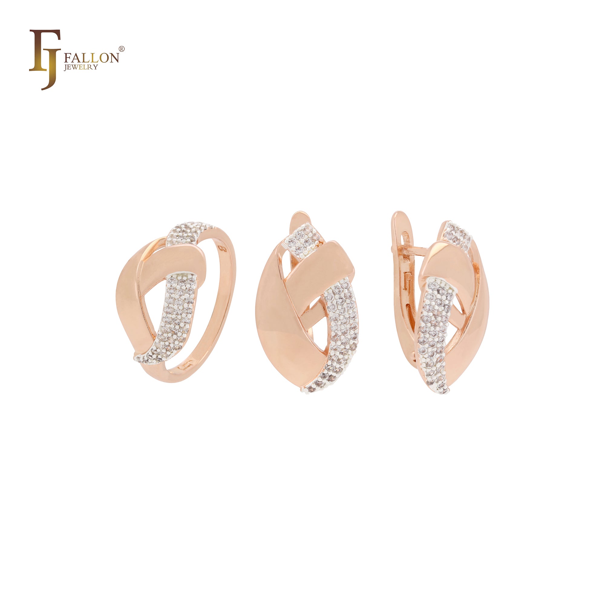 Overlapping Ribbons of white CZs Rose Gold two tone Jewelry Set with Rings