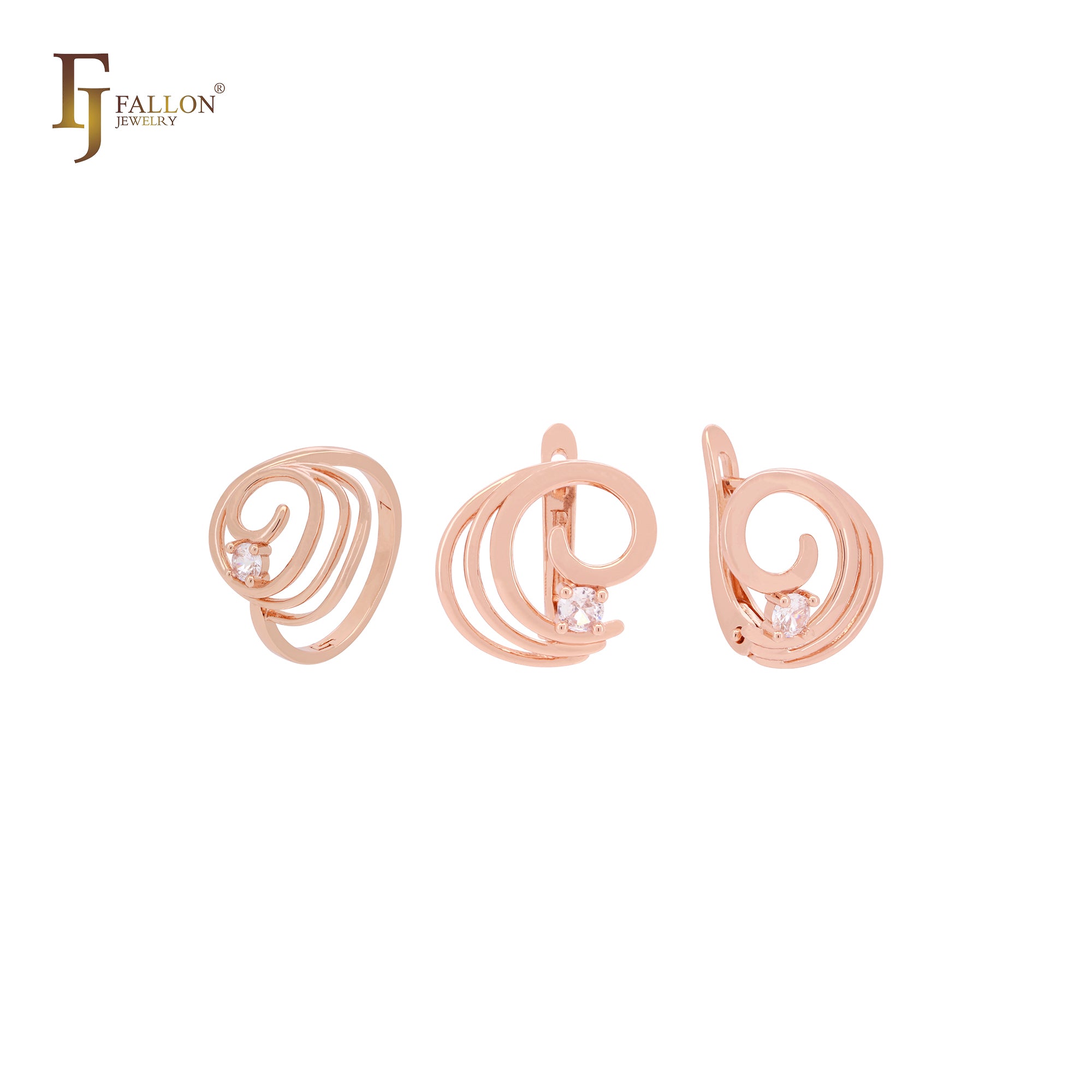 Whirling waves with white CZs elegant Rose Gold Jewelry Set with Rings