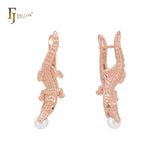 Fashion Crocodile with green CZs Rose Gold Clip-On Earrings