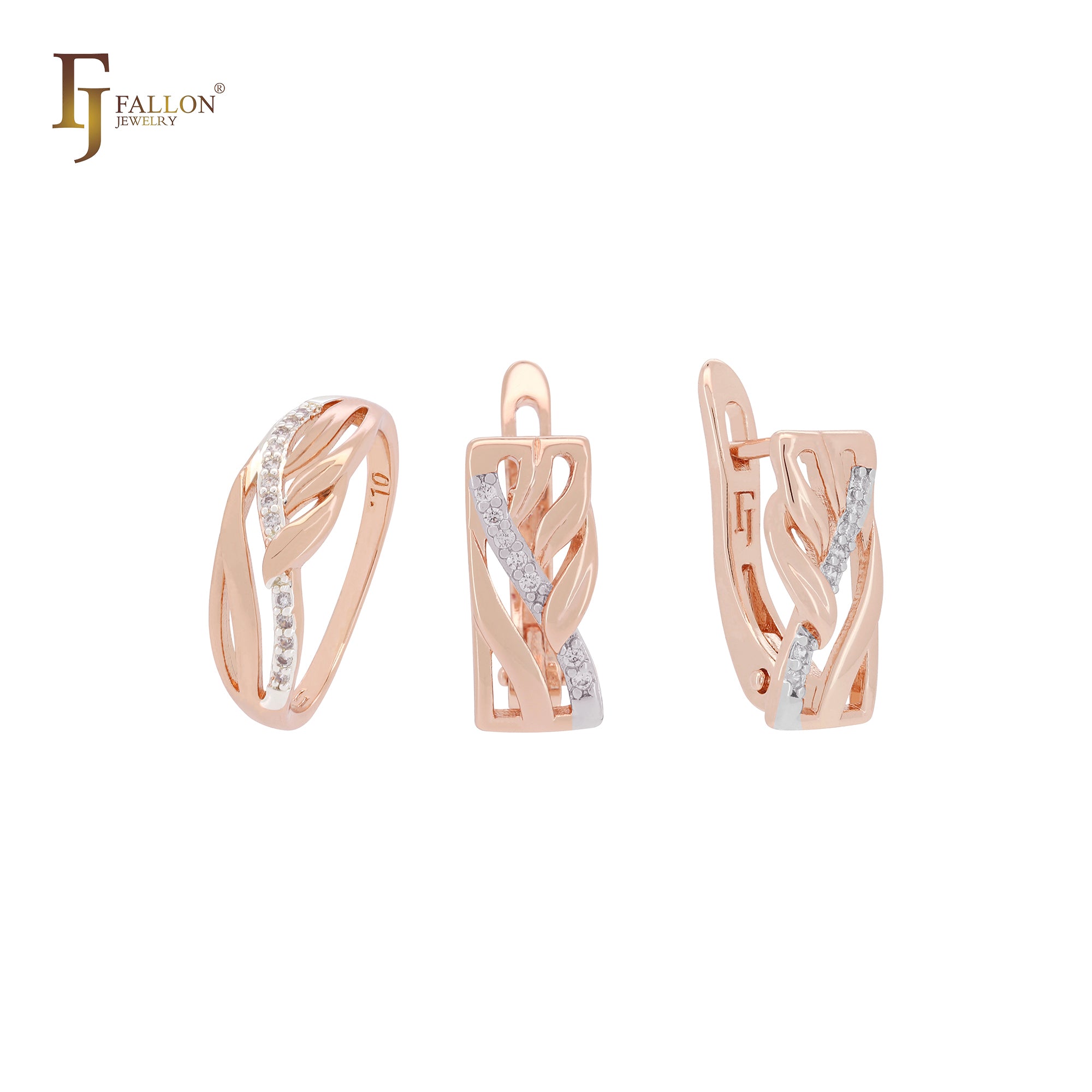 Leaves and branches paved white czs Rose Gold two tone Jewelry Set with Rings