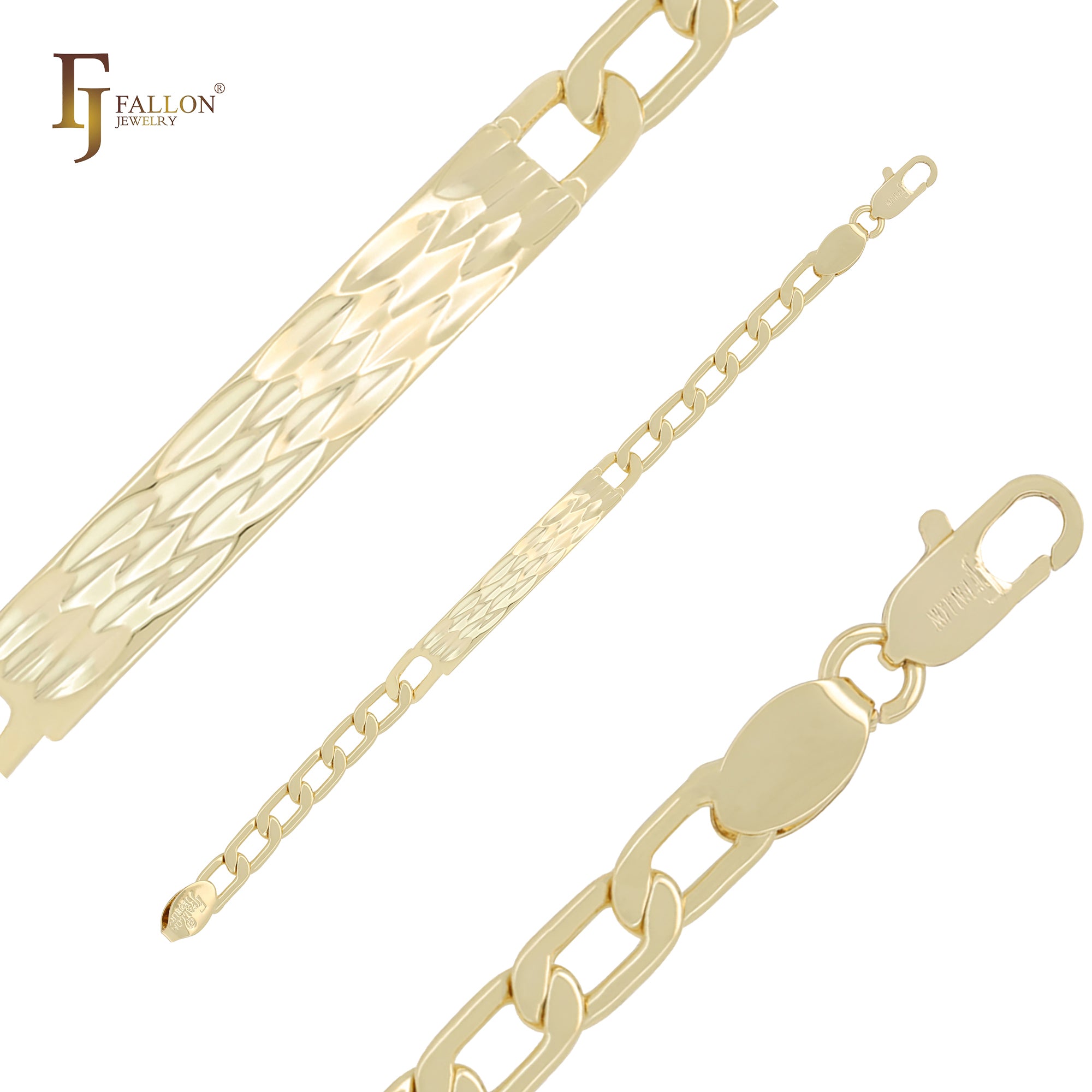 Rhombus textured curb link 14K Gold Men's ID Bracelets