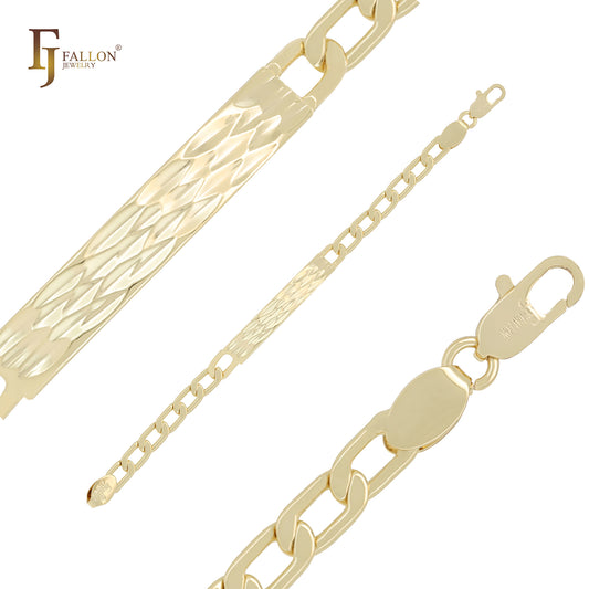 Rhombus textured curb link 14K Gold Men's ID Bracelets