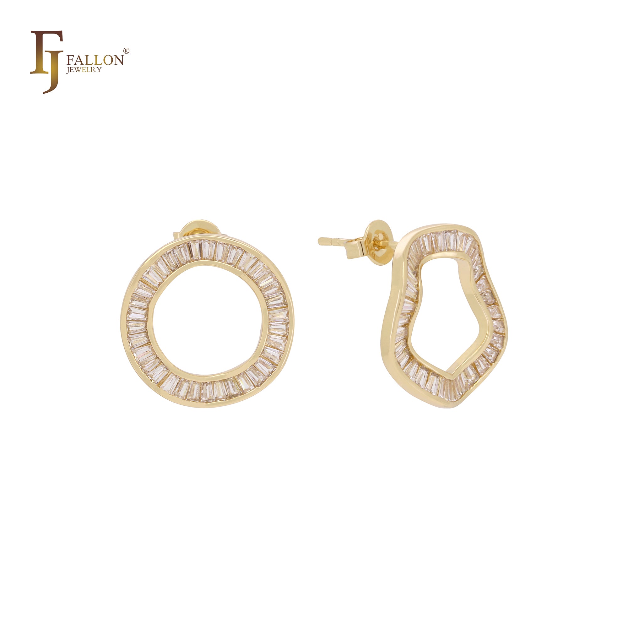 Circular baguette white CZs rounded 14K Gold, Rose Gold Stud Earrings