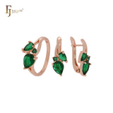 Branches of cluster emerald green CZs Rose Gold Jewelry Set with Rings