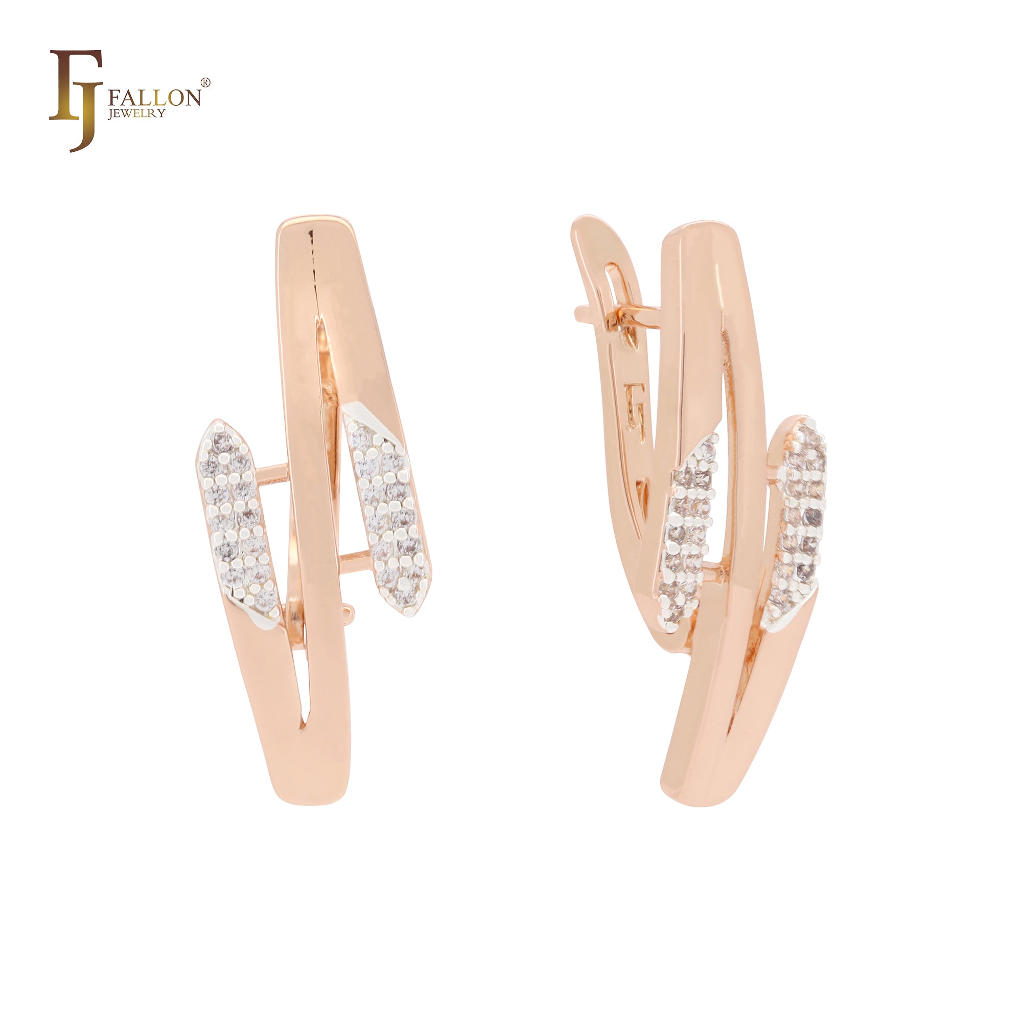 Triple rows of white CZs Rose Gold two tone Clip-On Earrings