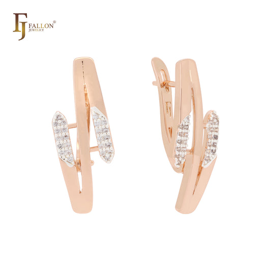 Triple rows of white CZs Rose Gold two tone Clip-On Earrings