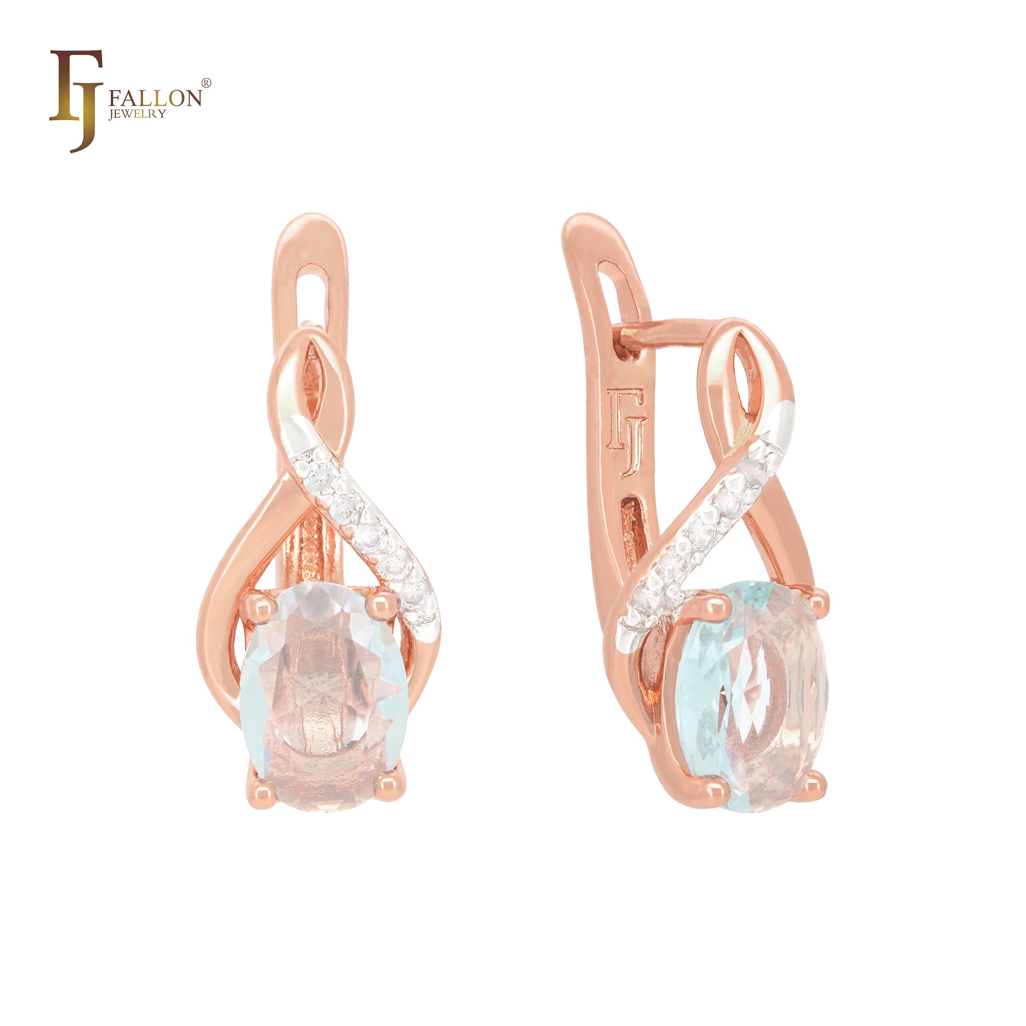 Solitaire Oval lake blue CZ with white Czs of ribbon Rose Gold two tone Clip-On Earrings