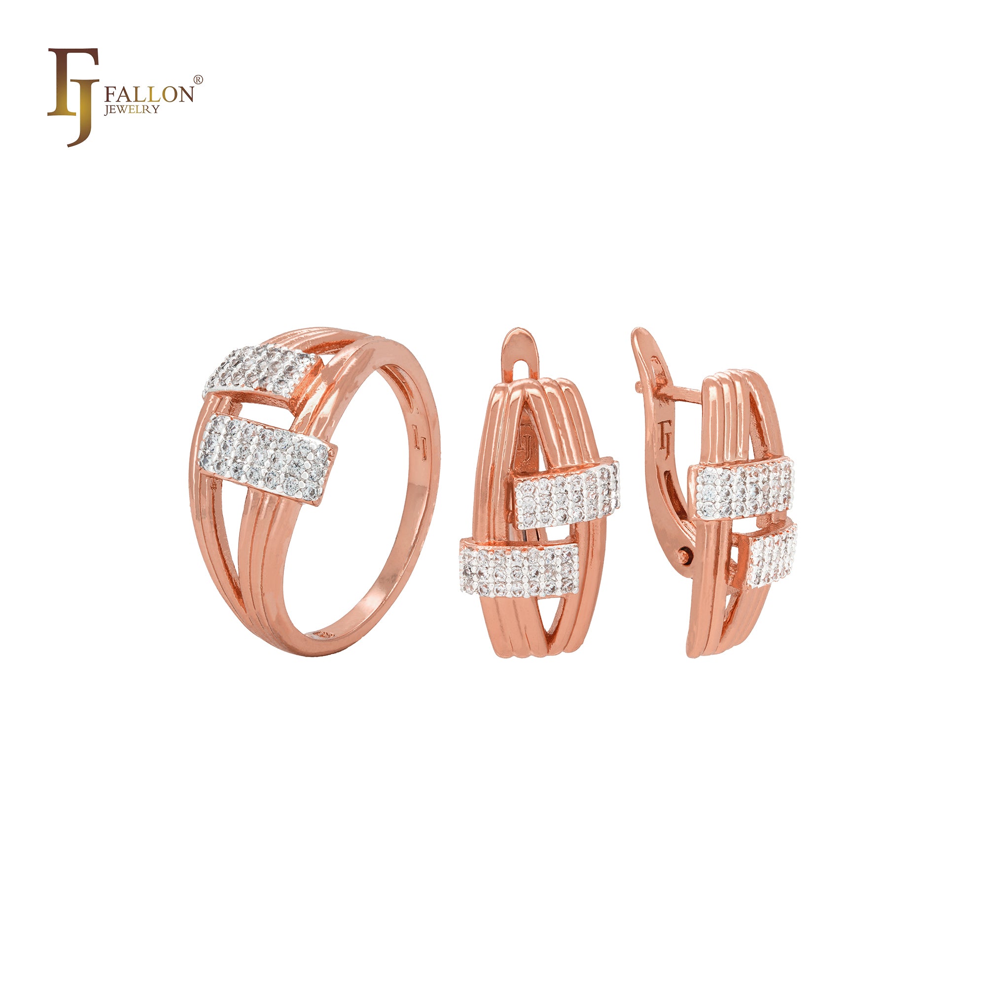 Geometric white CZs Rose Gold two tone Jewelry Set with Rings