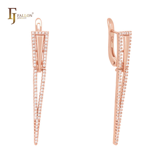 Long triangular paved white CZs Rose Gold Clip-On Earrings