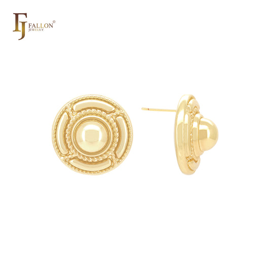 Rounde UFO shaped of roped textured 14K Gold, Rose Gold, White Gold Stud Earrings