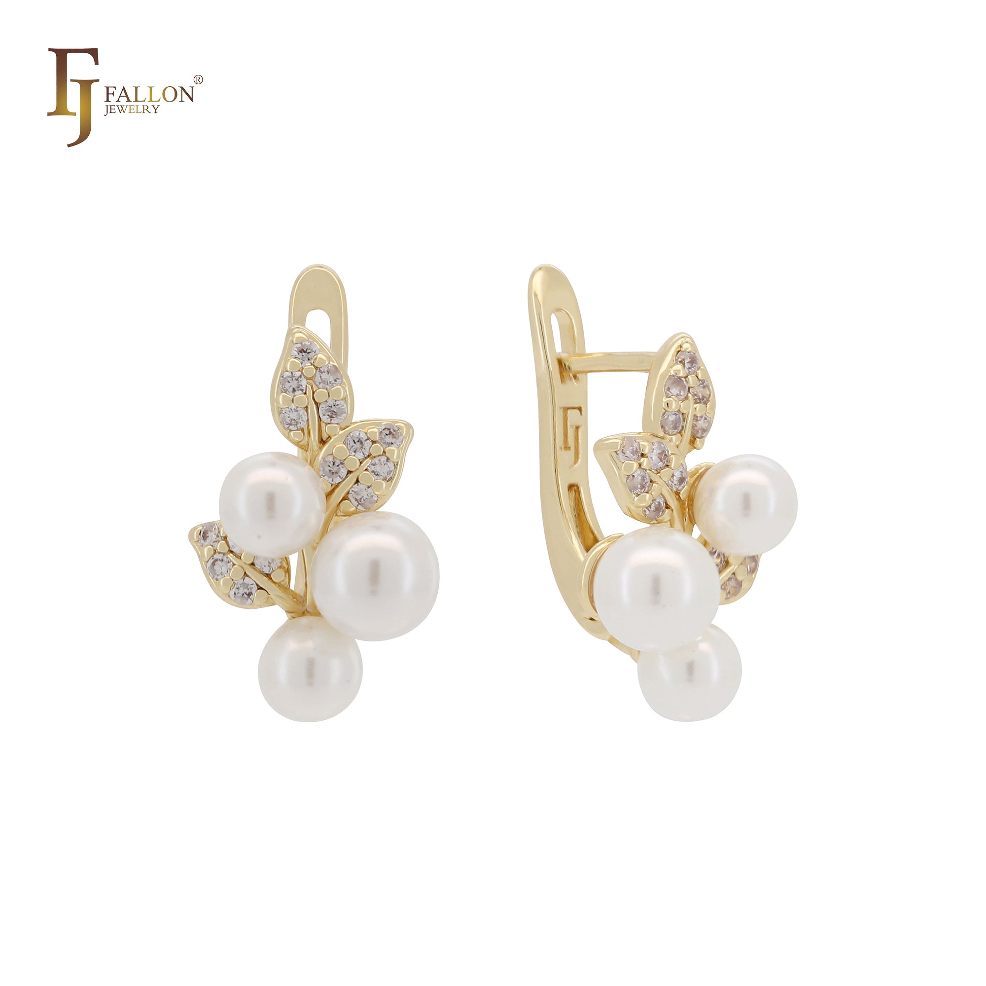 Triple pearls and leaves 14K Gold, Rose Gold, two tone Clip-On Earrings