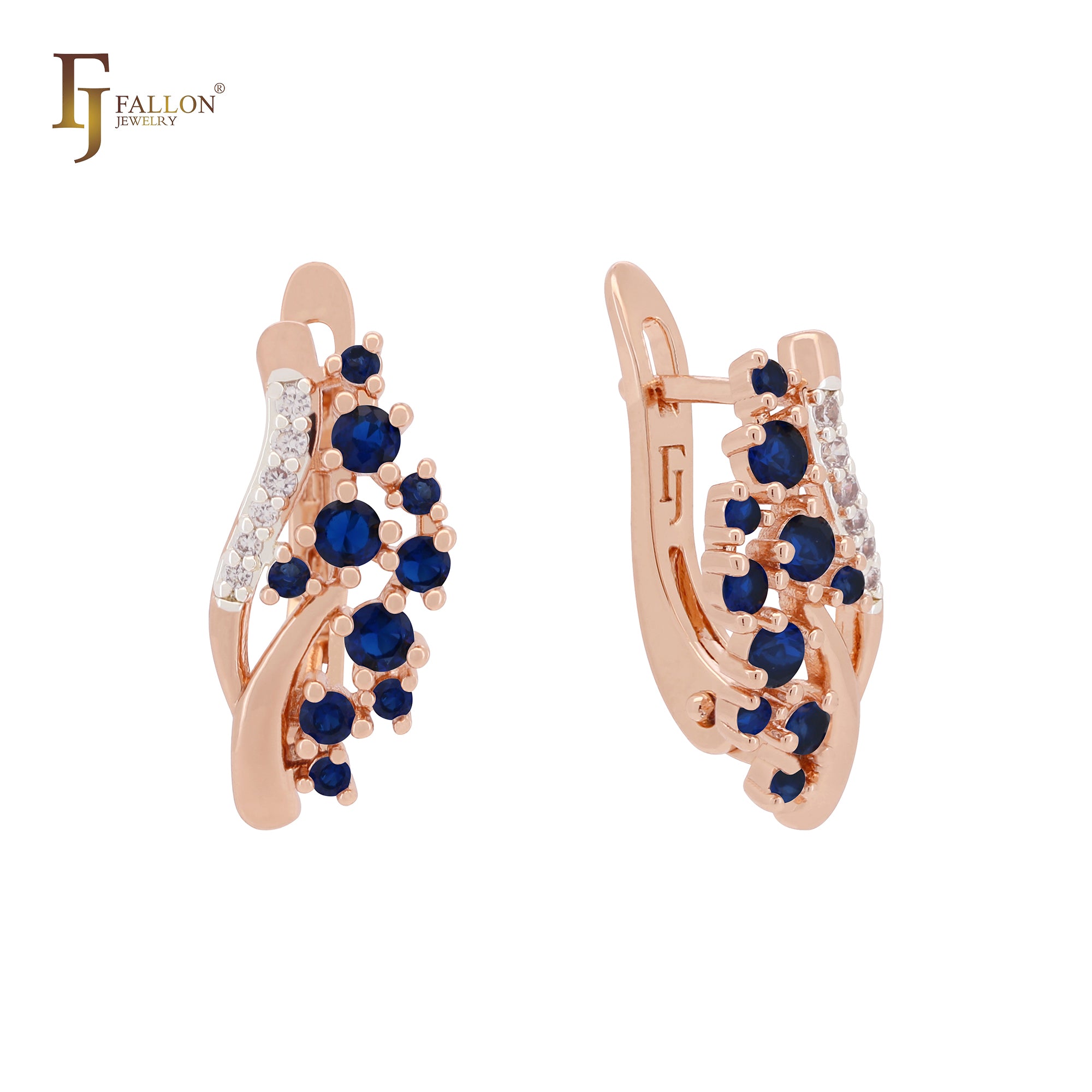 Cluster blue and white CZs Rose Gold two tone Clip-On Earrings