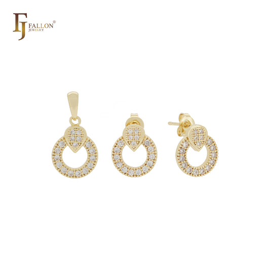 Petit tiny Circular white CZs cluster 14K Gold Jewelry Set with Pendant and Stud Earrings