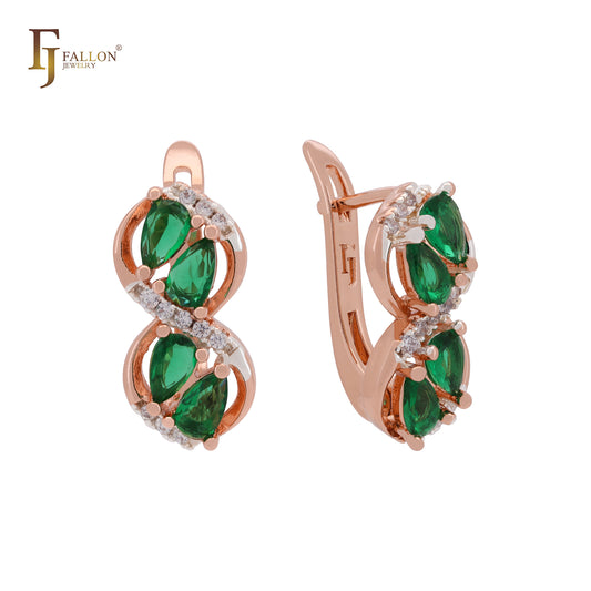 Cluster Pear shape Emerald and White CZs Rose Gold Clip-On Earrings