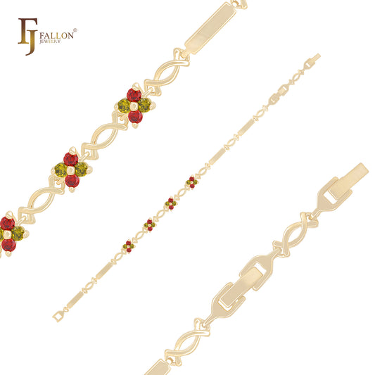 Mixed olive green and scarlet czs cross link 14K Gold Bracelets