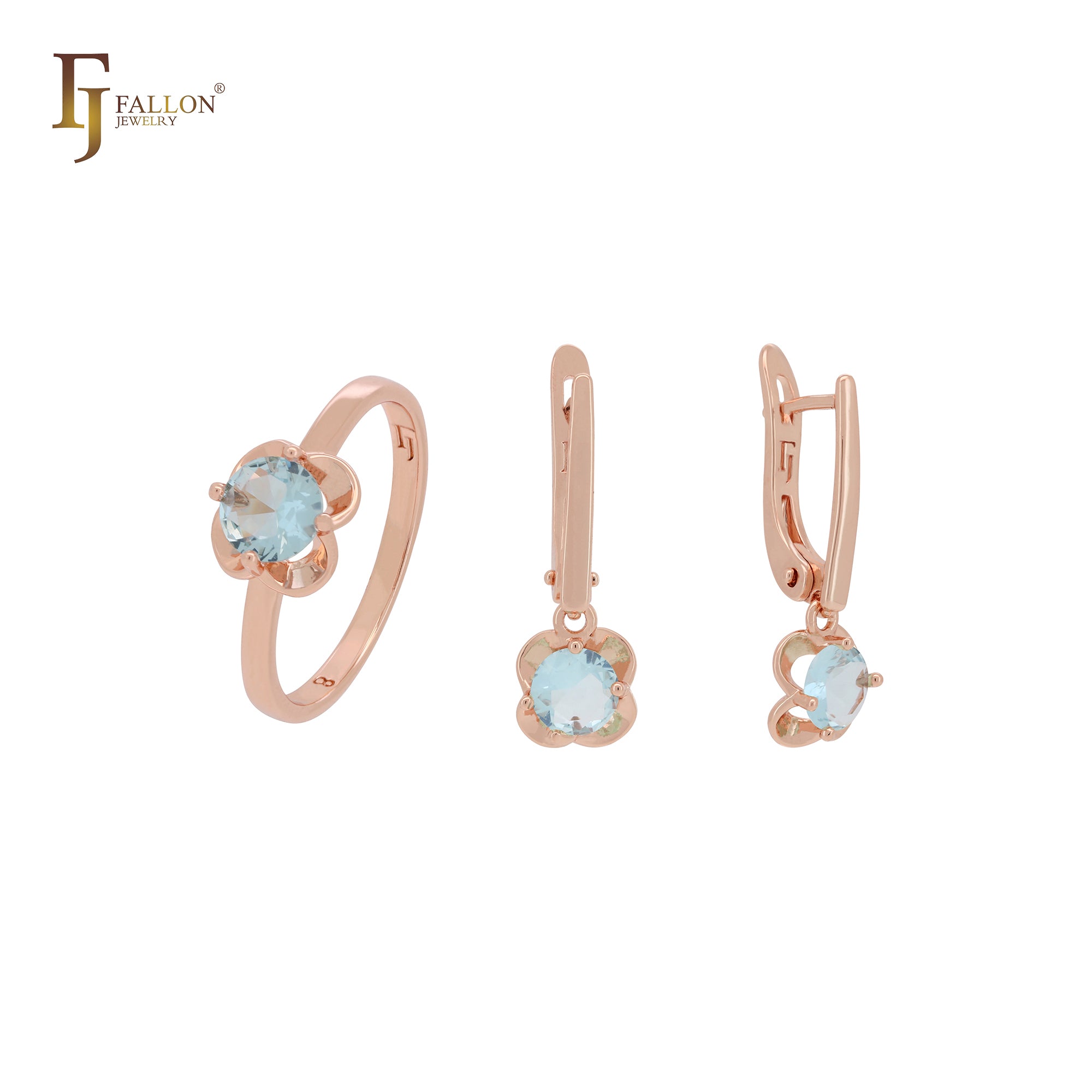 Minimalism radiant cut round lake blue cz Rose Gold Jewelry Set with Rings