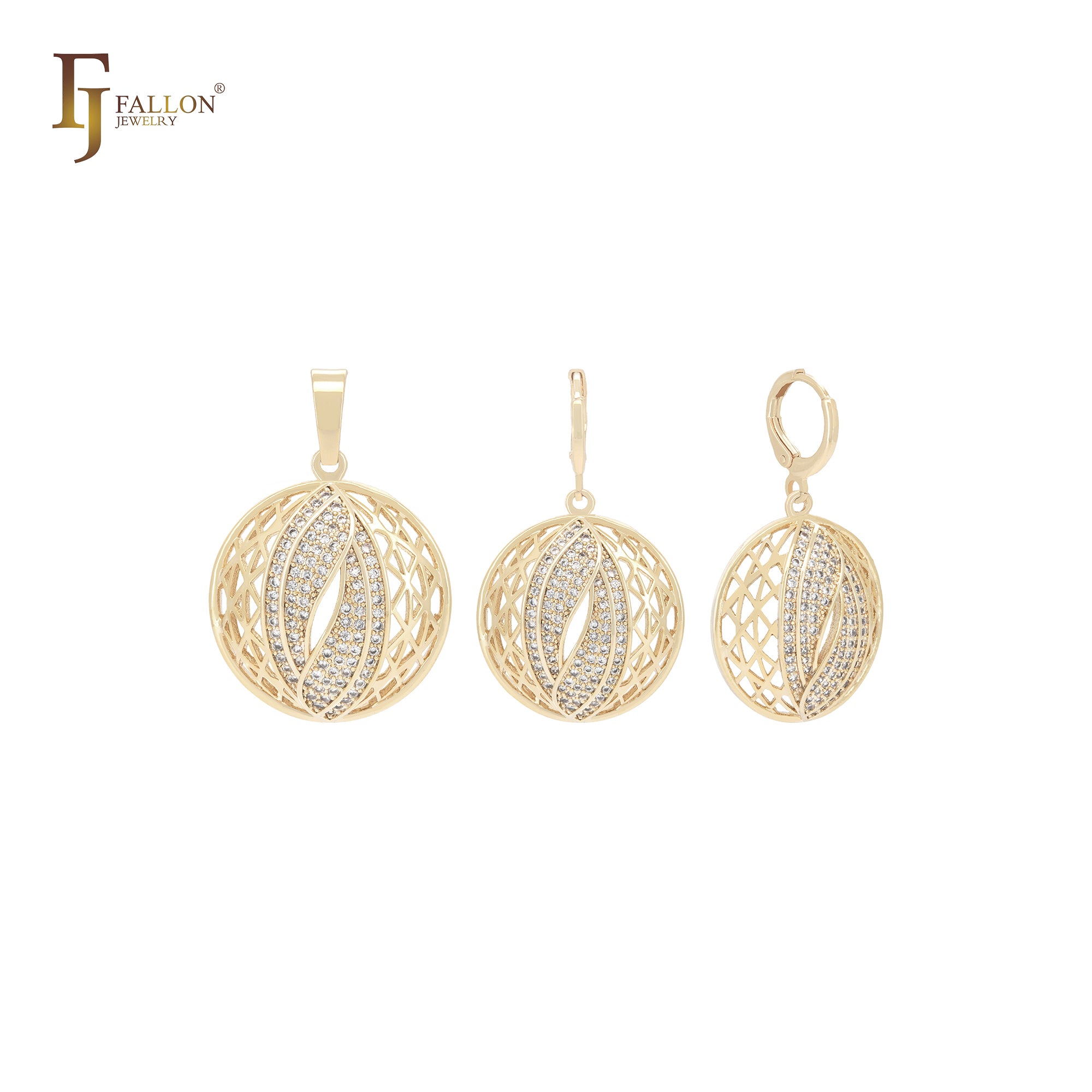 Semisphere cage of filigree and white CZs 14K Gold Jewelry Set with Pendant