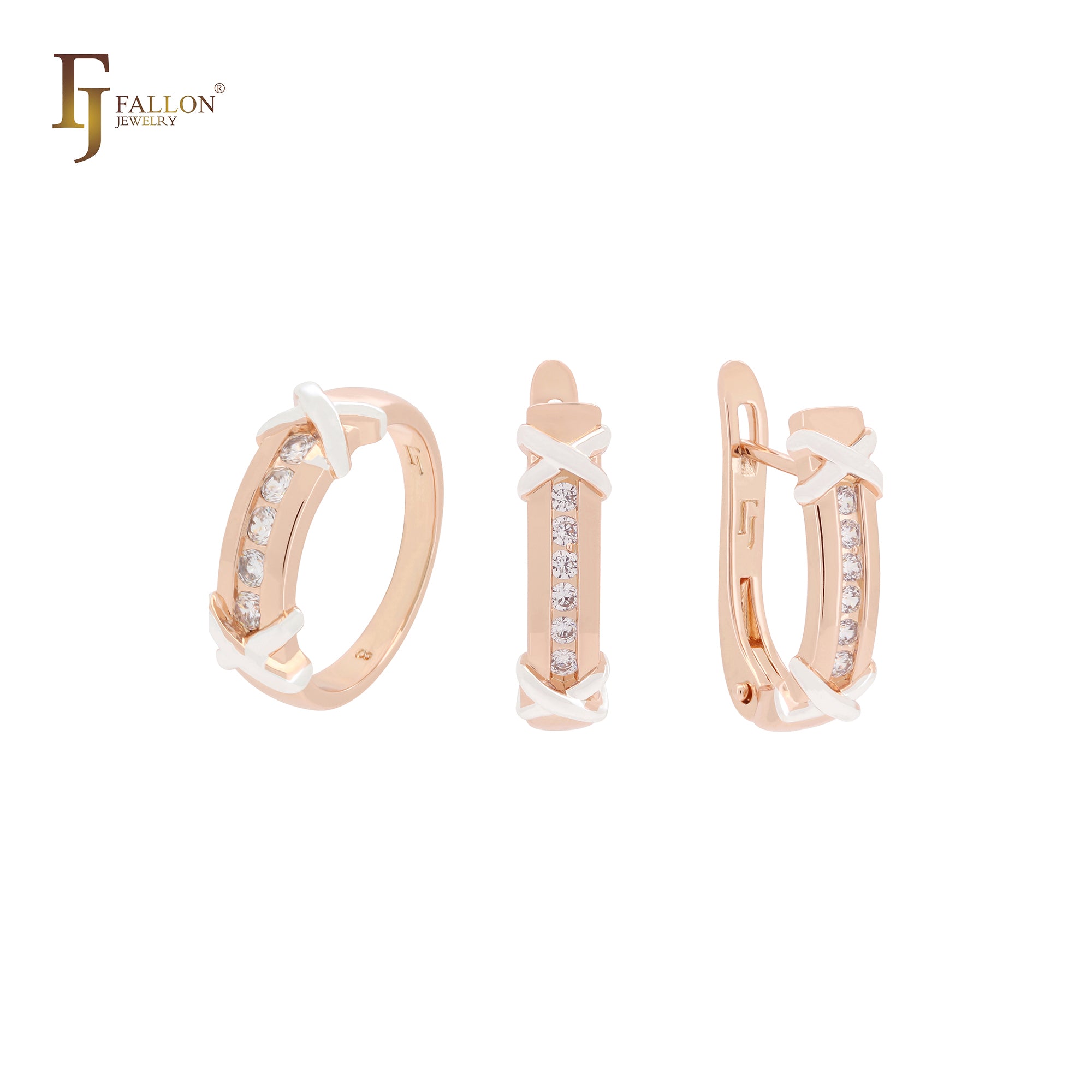 Double crossed ribbons with white czs Rose Gold two tone Jewelry Set with Rings